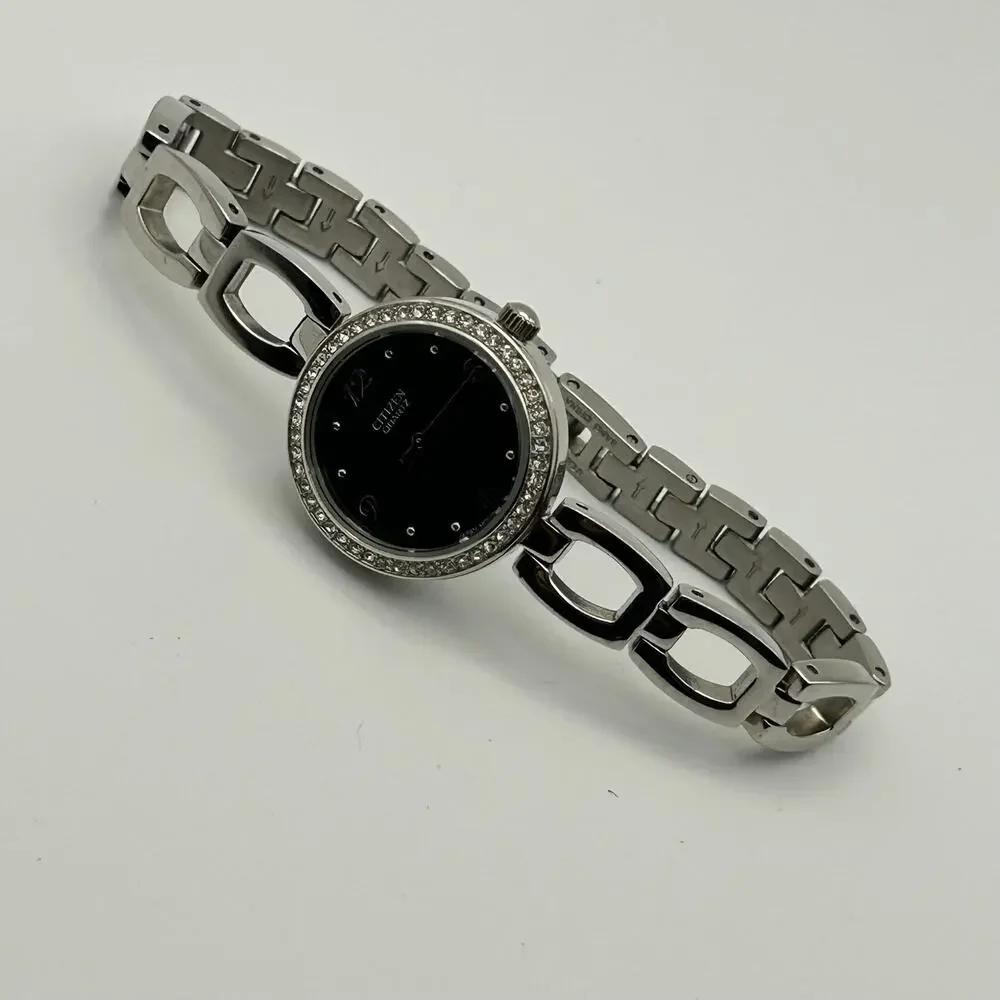 Citizen Silver Tone Black Dial Crystal Bezel Women’s Watch Working New Battery